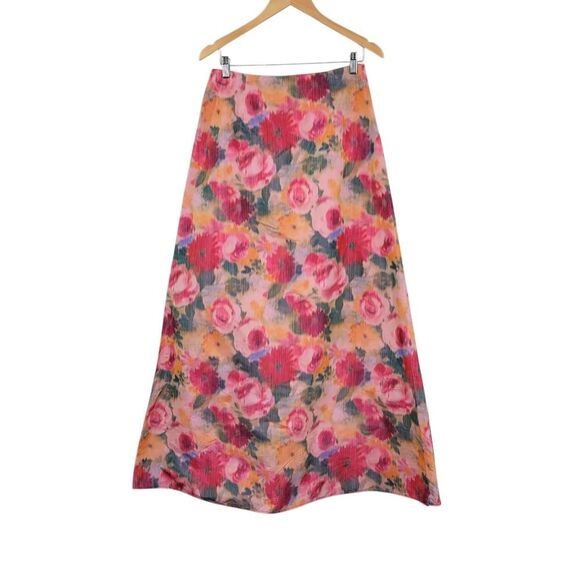 Cache Vintage Satin Taffeta Floral Pink and Orange Women's Maxi Skirt - Picture 4 of 12